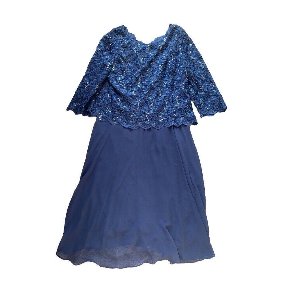 Alex Evenings Dress Blue Sequined Floral 18 Mid Length Gown Scalloped